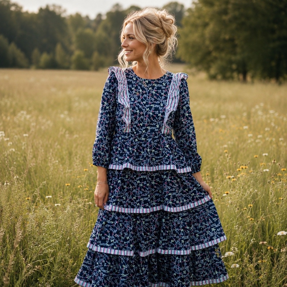 NWT Simply Southern Tiered Ruffle Maxi Dress Size Small Navy Blue Floral Peasant